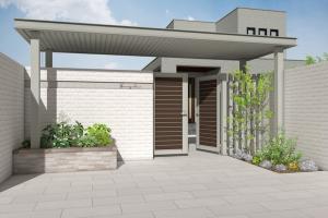 YKKap　エクスティアラ　アーチ　独立柱納まり　アルミ色　ライトあり　エントランスルーフ